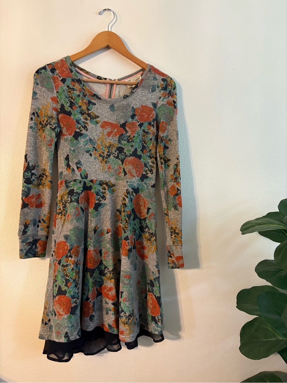 Anthropologie Gray Floral Long-Sleeve Fit & Flare Dress